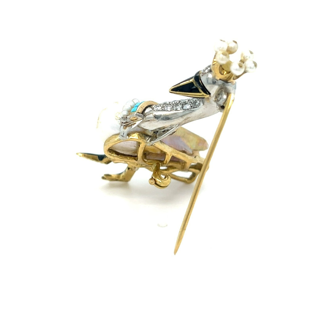 14k Two-Tone Gold Freshwater Pearl Swan Brooch w/ Diamonds & Facs Pearl Report