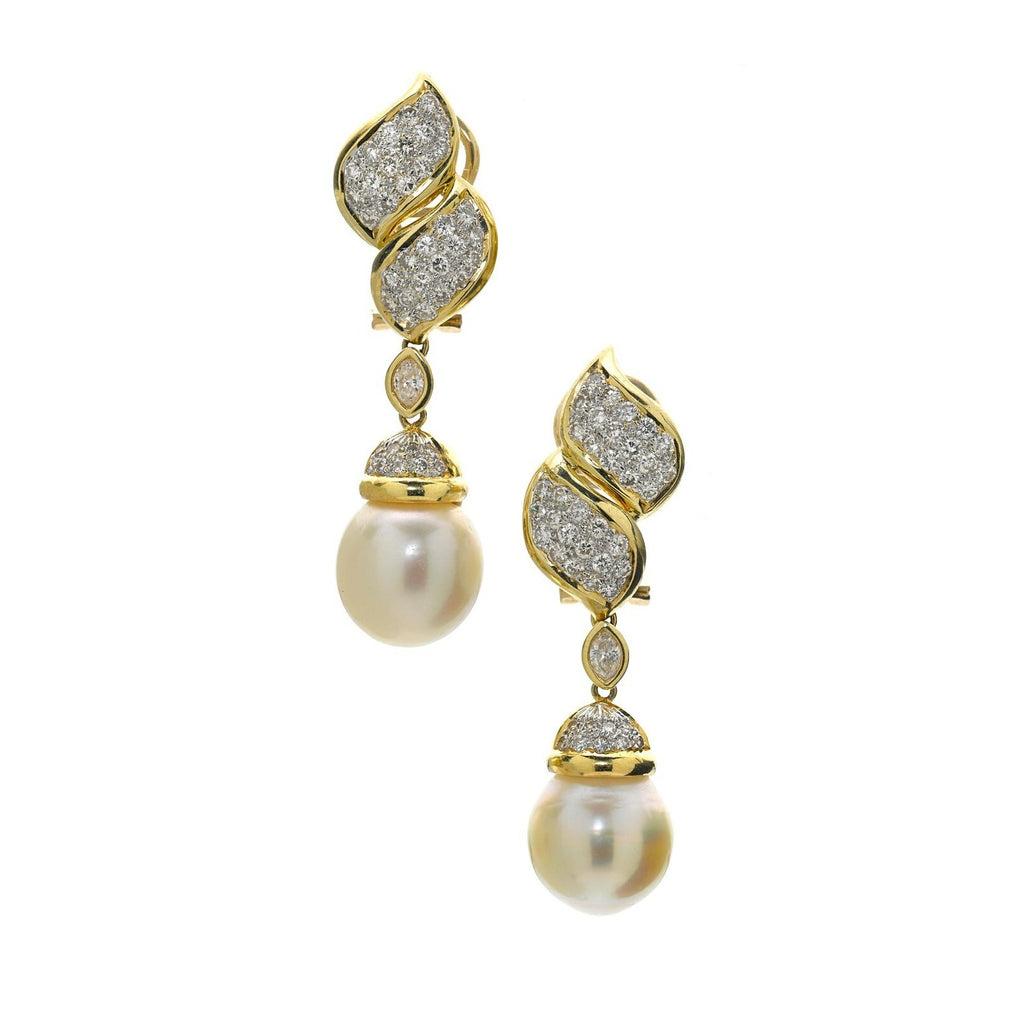 18k Two Tone Gold South Sea Cultured Pearl 2.25ct Diamond Drop Earrings 19.1g