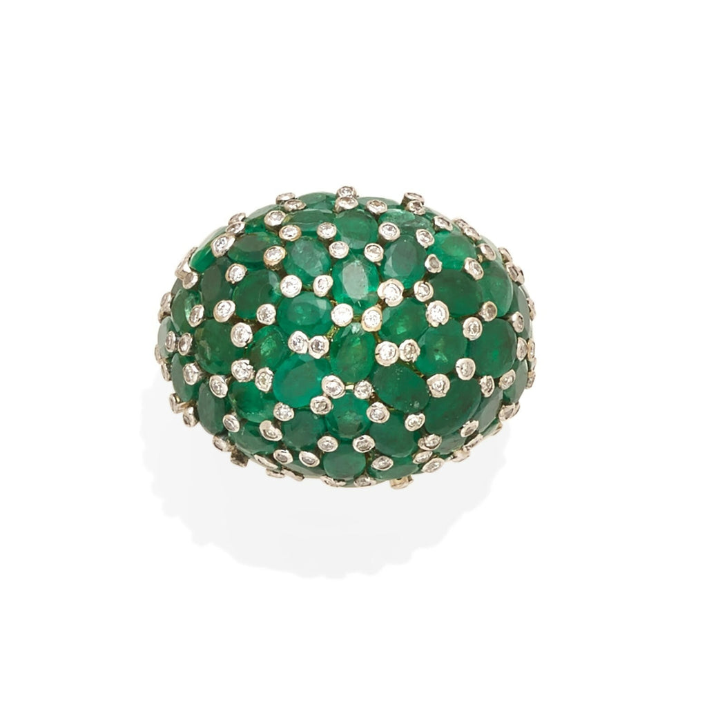 18k Two Tone Gold Emerald and Diamond Bombe Ring Size 7.25 24.7g