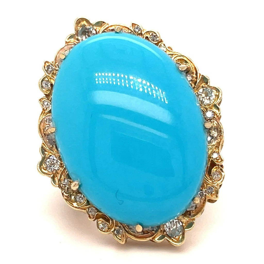 14k Rose Gold Oval Turquoise Cabochon Ring with Diamond Accents Size 6.75