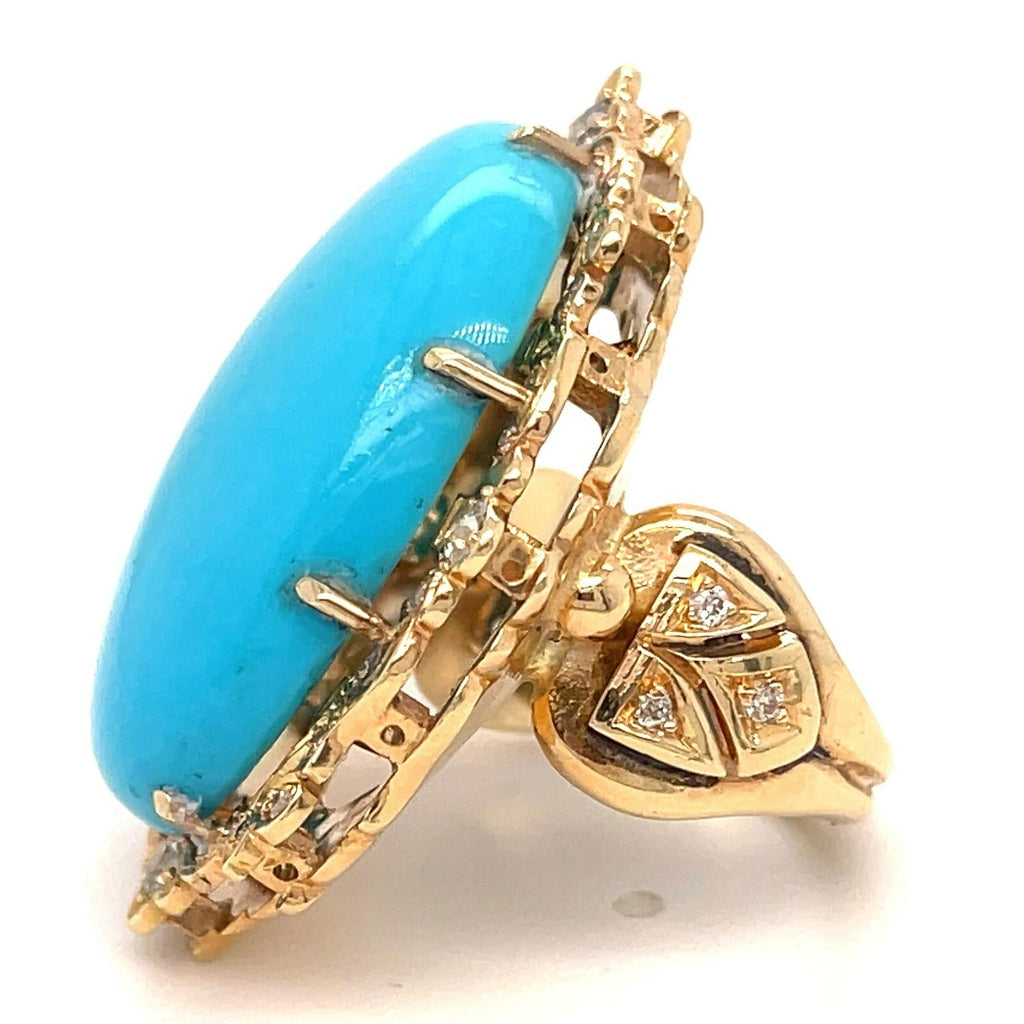 14k Rose Gold Oval Turquoise Cabochon Ring with Diamond Accents Size 6.75