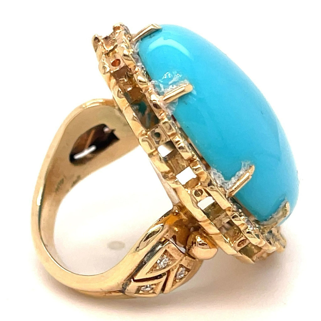 14k Rose Gold Oval Turquoise Cabochon Ring with Diamond Accents Size 6.75