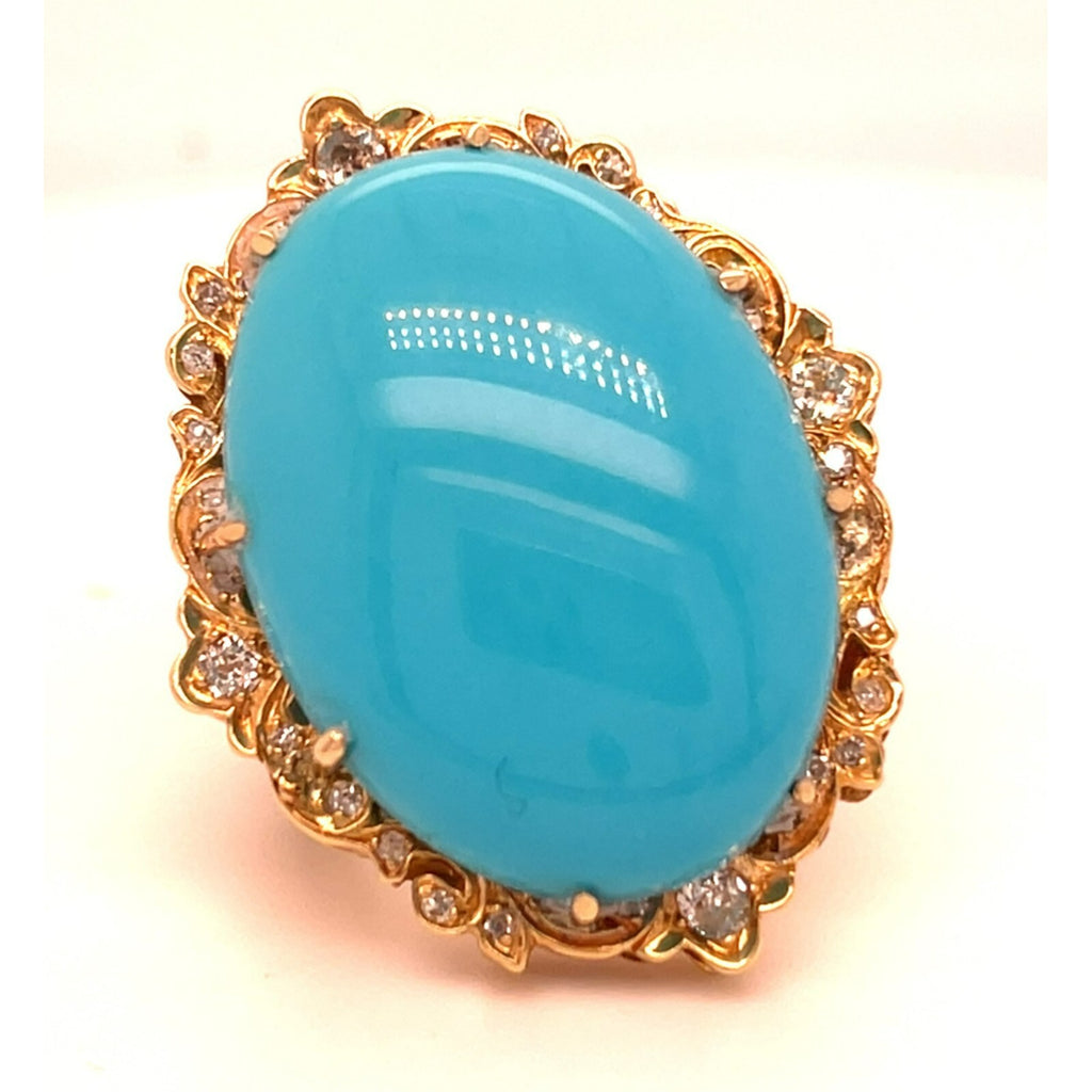 14k Rose Gold Oval Turquoise Cabochon Ring with Diamond Accents Size 6.75