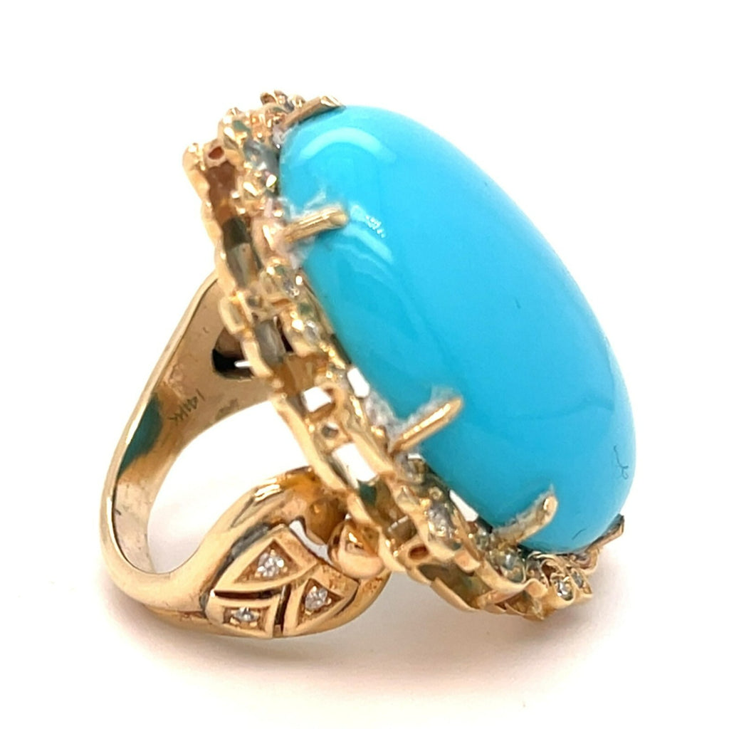14k Rose Gold Oval Turquoise Cabochon Ring with Diamond Accents Size 6.75