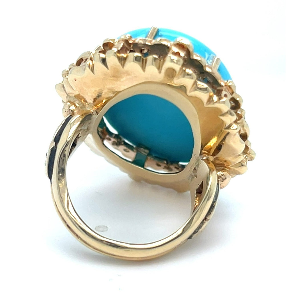 14k Rose Gold Oval Turquoise Cabochon Ring with Diamond Accents Size 6.75