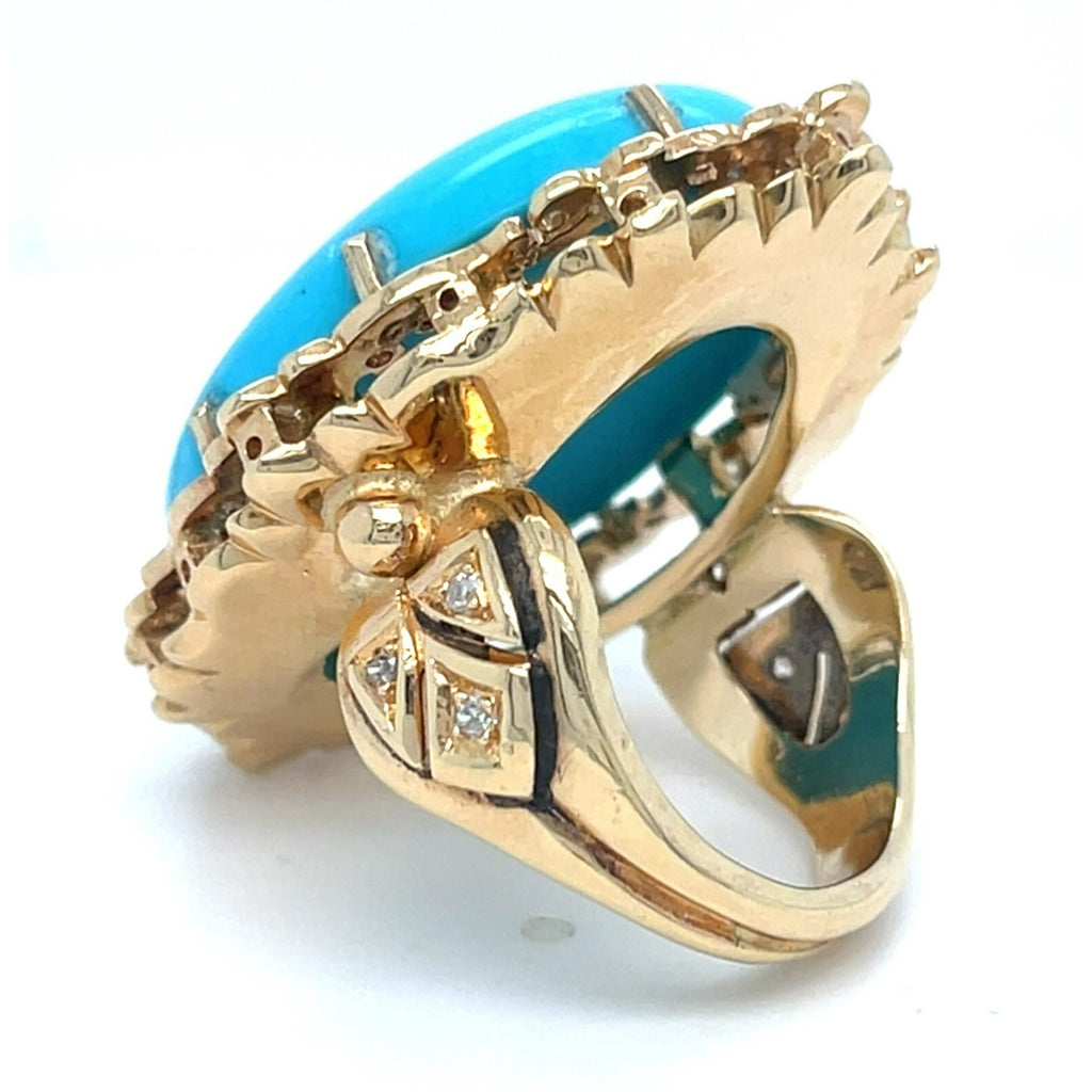 14k Rose Gold Oval Turquoise Cabochon Ring with Diamond Accents Size 6.75
