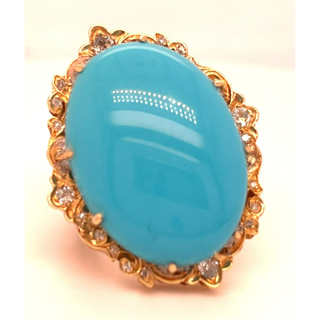 14k Rose Gold Oval Turquoise Cabochon Ring with Diamond Accents Size 6.75