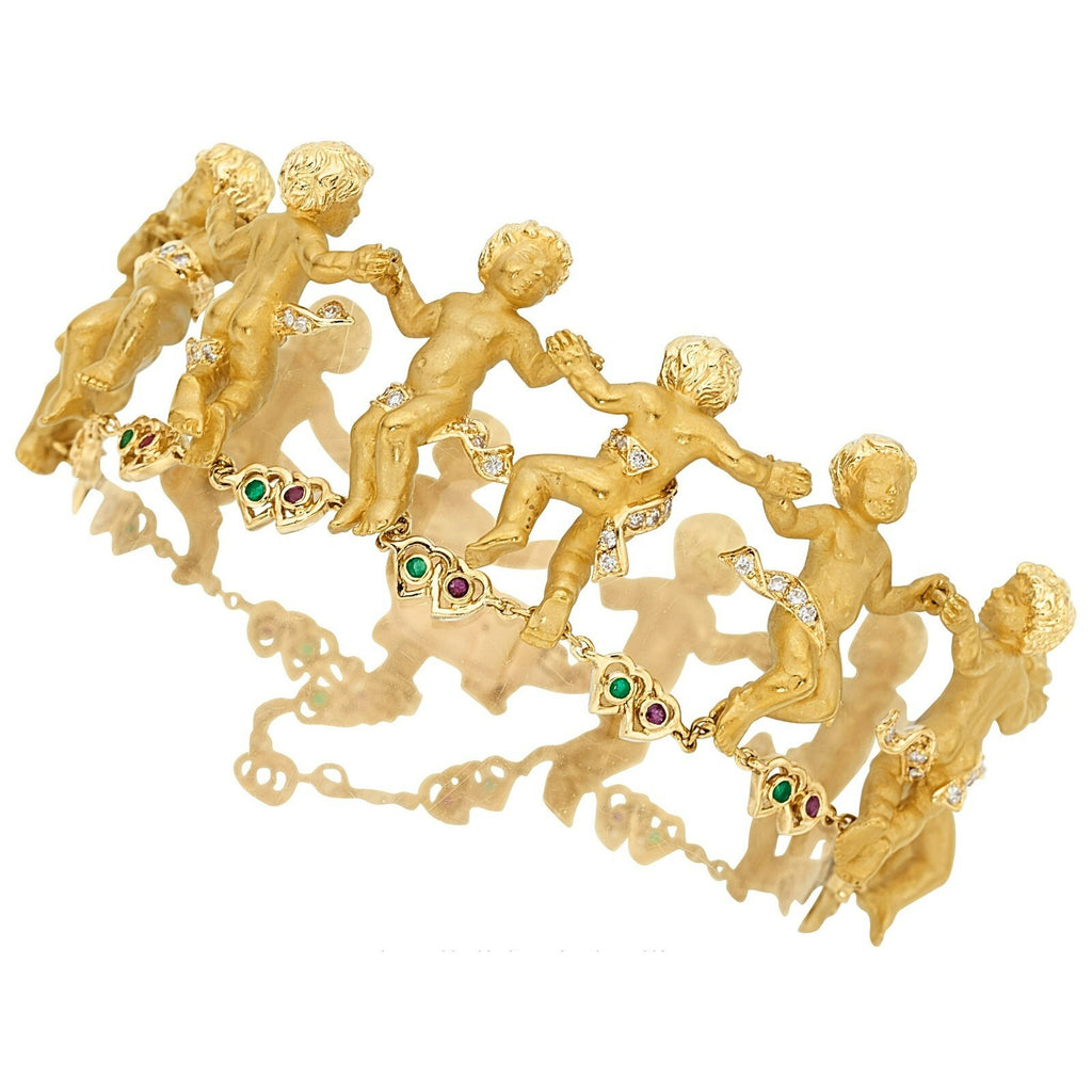 Carrera y Carrera 18k Gold 0.4ct Diamond, Emerald and Ruby Cherub Motif Bracelet