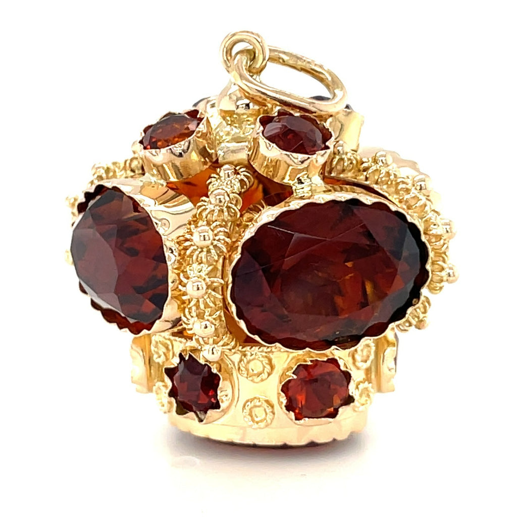 14k Gold & Victorian-Style Citrine Crown Pendant / Etruscan Revival Charm, 20g