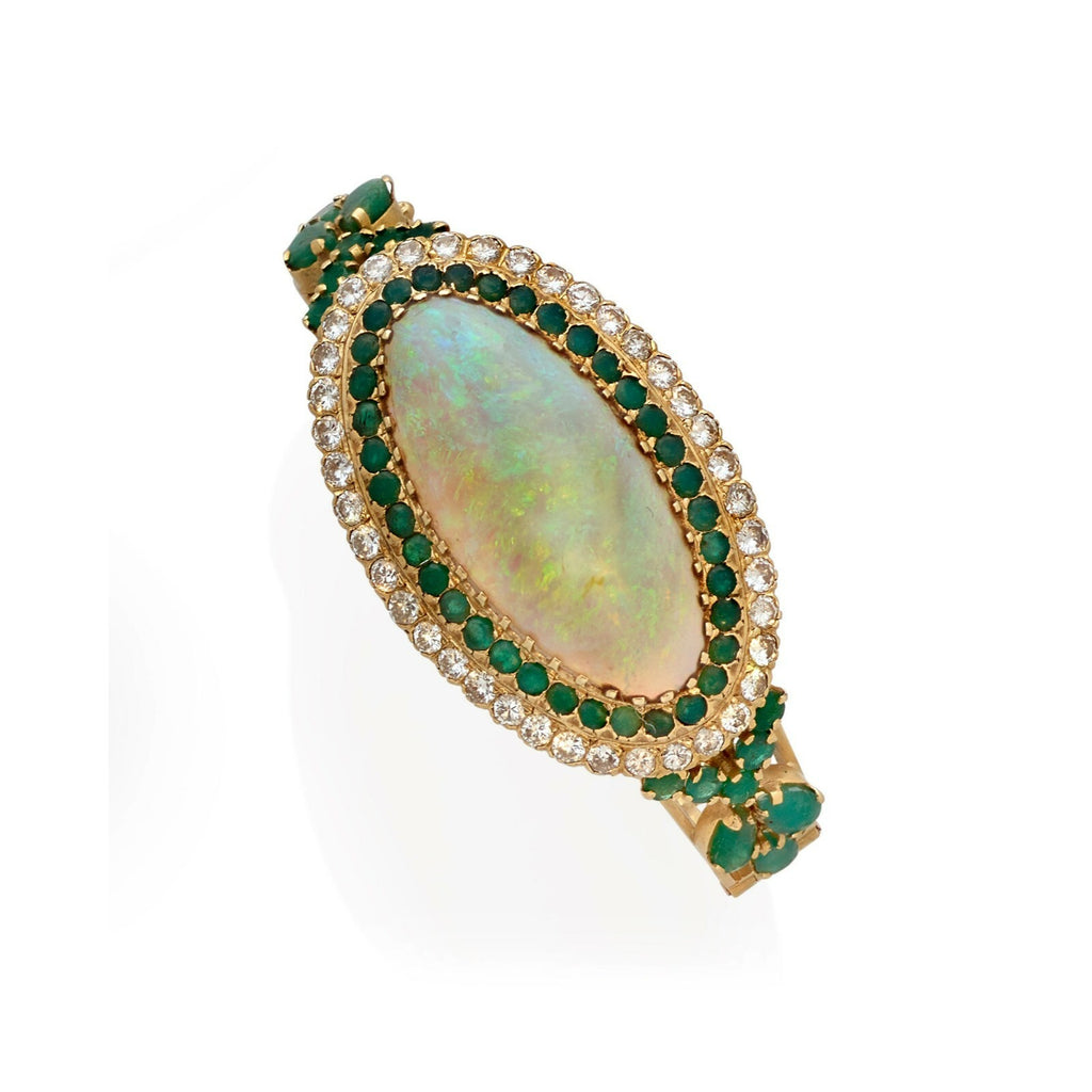 18k Gold Oval Opal Cabochon, Emerald, 2.8ct Diamond Bangle Bracelet 48 grams