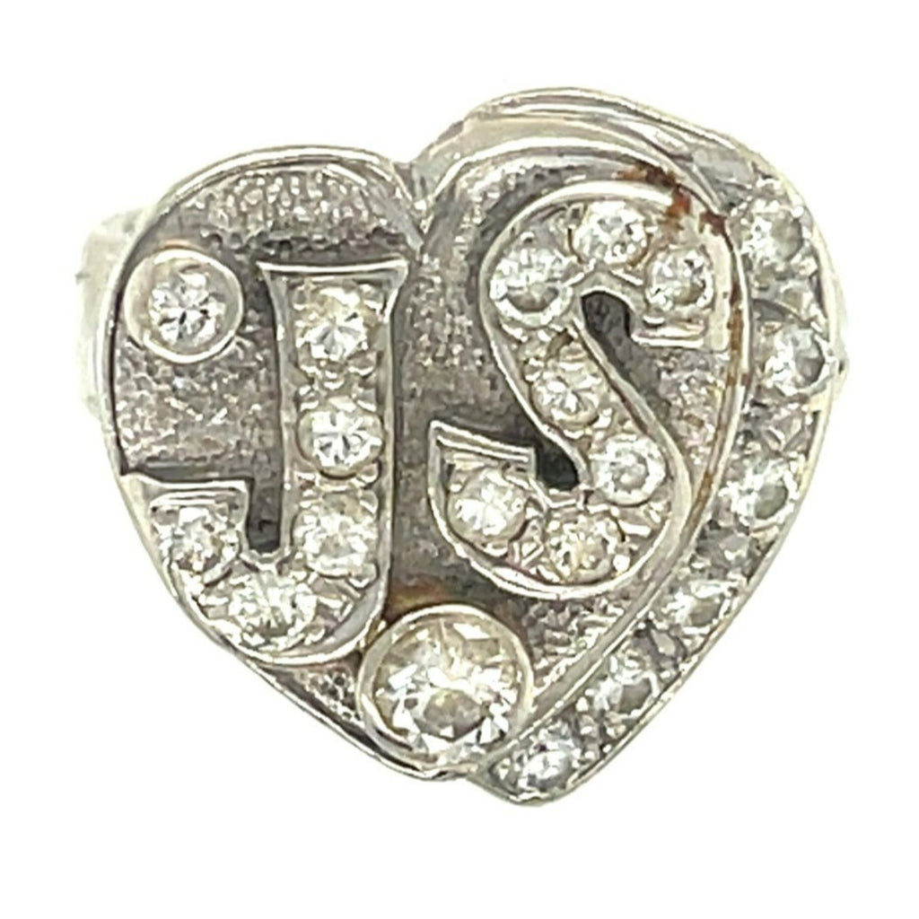 14k White Gold "JS" Diamond Heart Plaque Ring Size 3.75 Vintage Gorgeous!