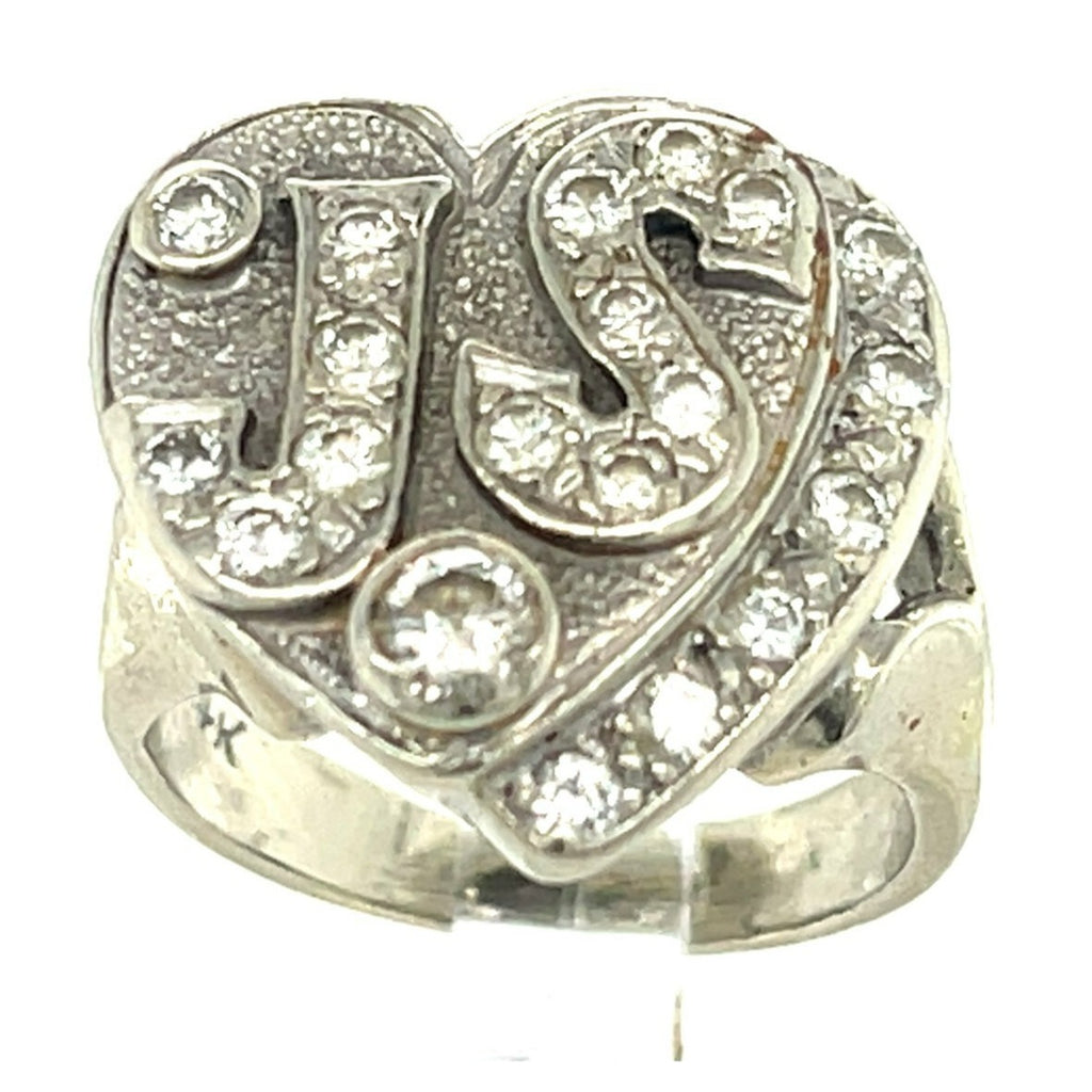 14k White Gold "JS" Diamond Heart Plaque Ring Size 3.75 Vintage Gorgeous!