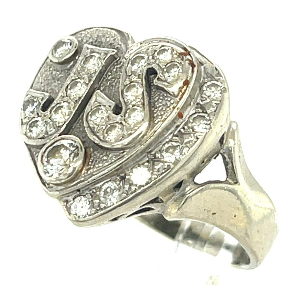 14k White Gold "JS" Diamond Heart Plaque Ring Size 3.75 Vintage Gorgeous!