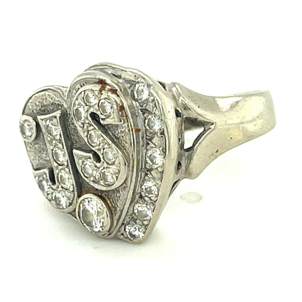 14k White Gold "JS" Diamond Heart Plaque Ring Size 3.75 Vintage Gorgeous!