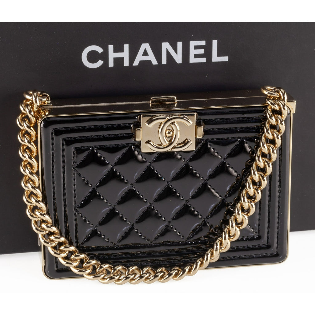 Chanel Boy Miniaudiere in Black Patent Calfskin Hard Bag on Chain