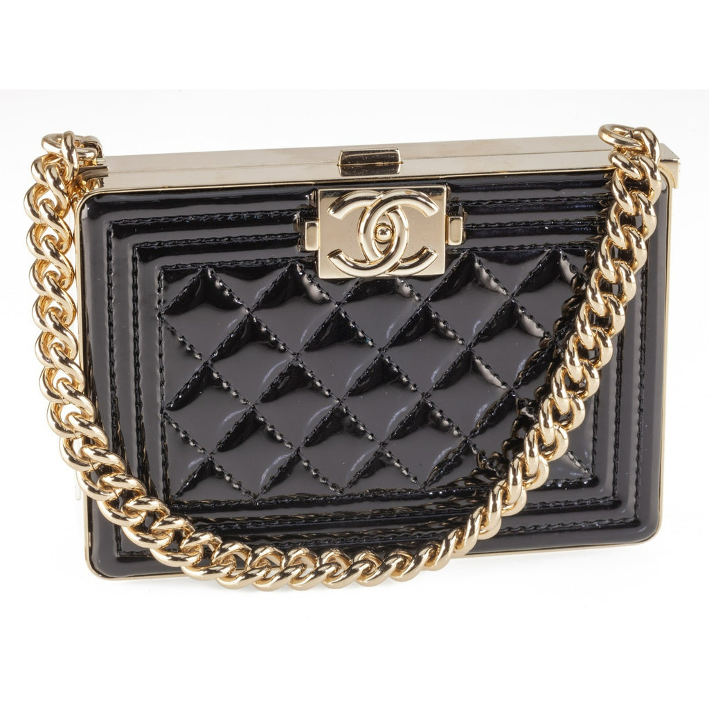 Chanel Boy Miniaudiere in Black Patent Calfskin Hard Bag on Chain