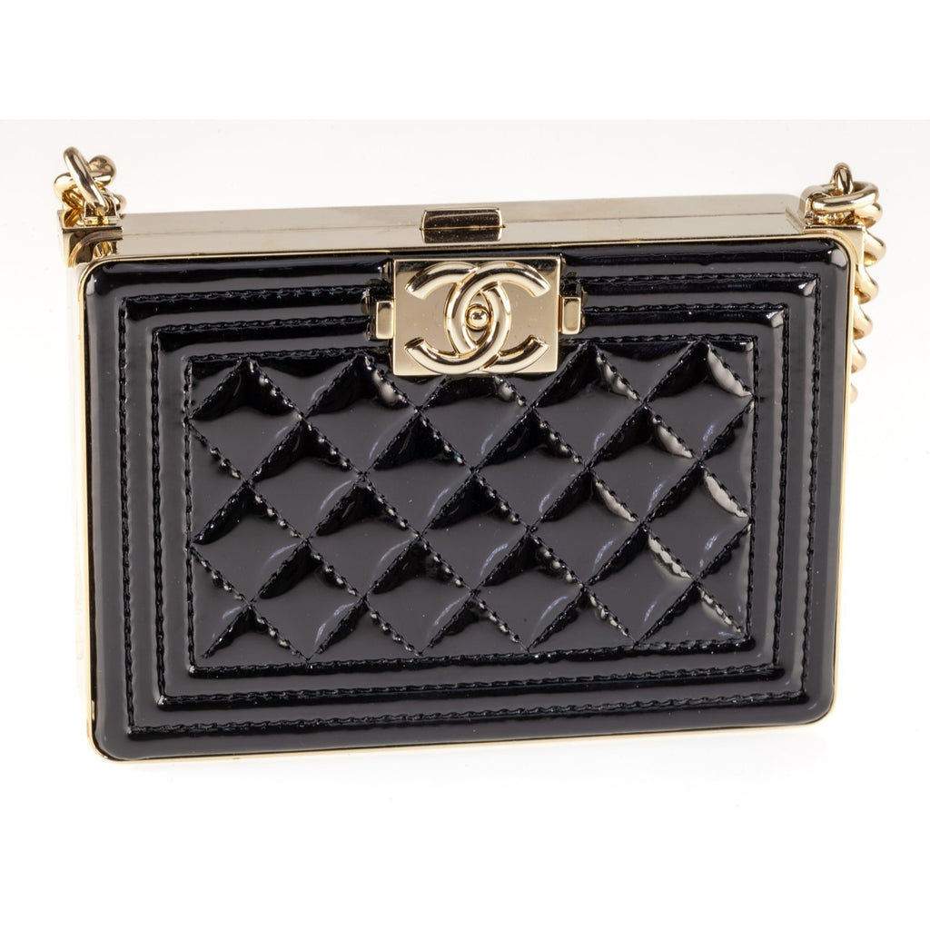 Chanel Boy Miniaudiere in Black Patent Calfskin Hard Bag on Chain