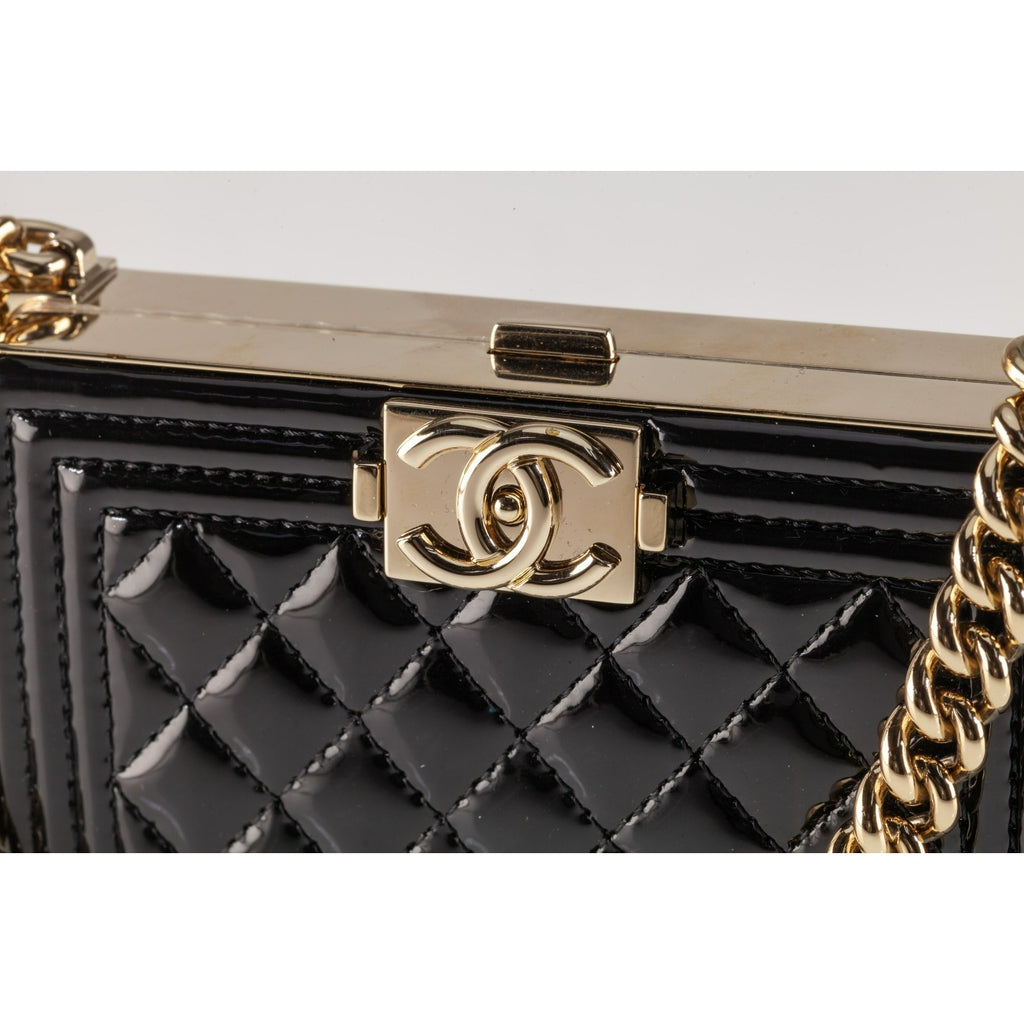 Chanel Boy Miniaudiere in Black Patent Calfskin Hard Bag on Chain