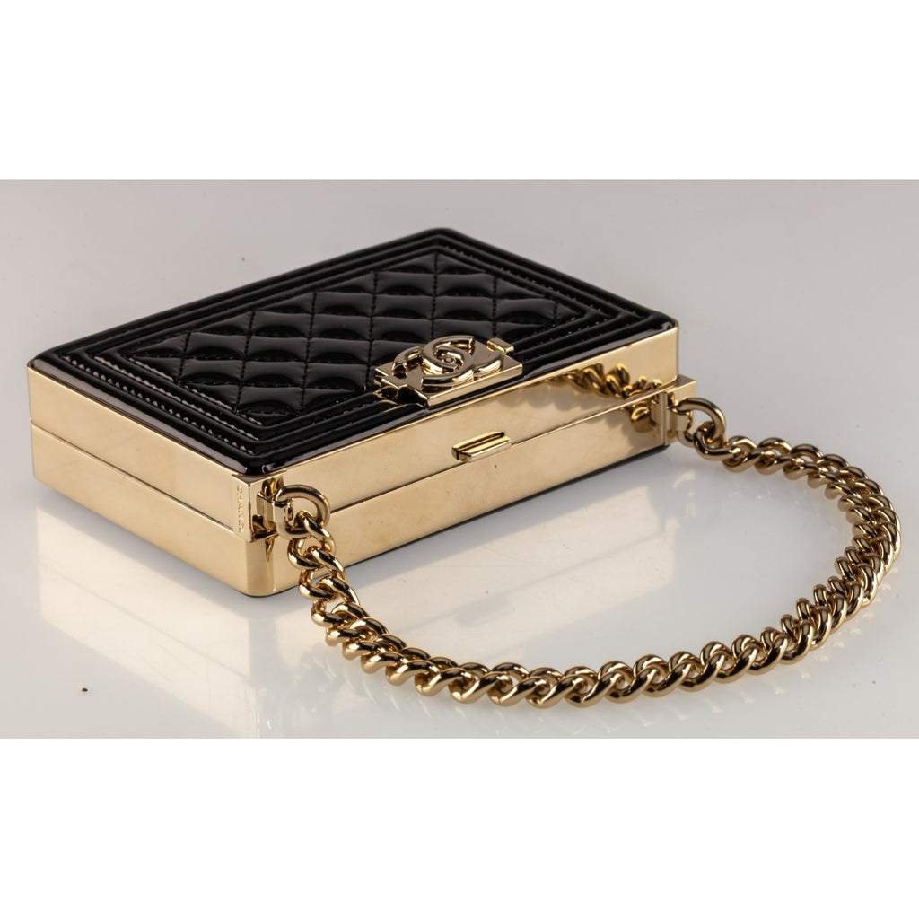 Chanel Boy Miniaudiere in Black Patent Calfskin Hard Bag on Chain