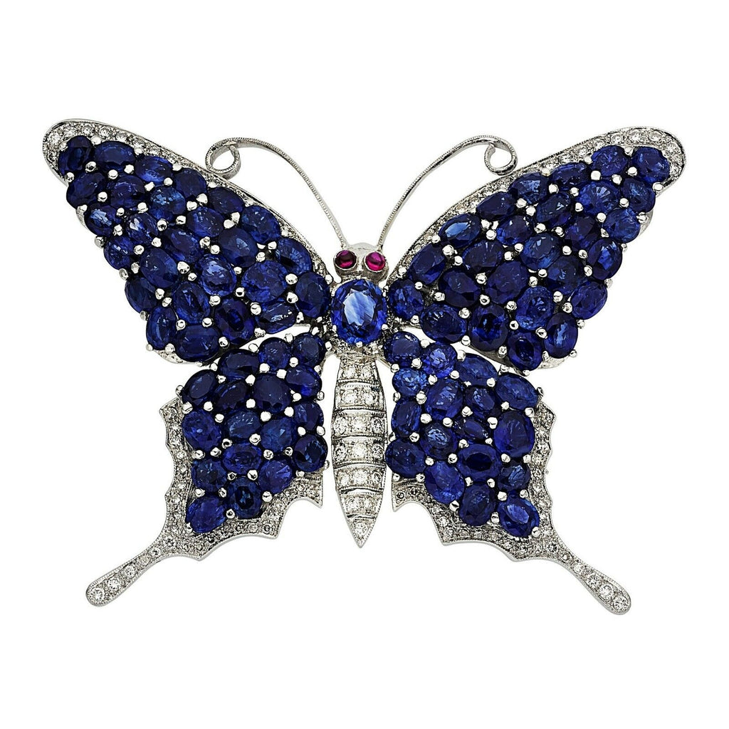 18k White Gold 10.30ct Sapphire 1.15ct Diamond and Ruby Butterfly Pendant-Brooch