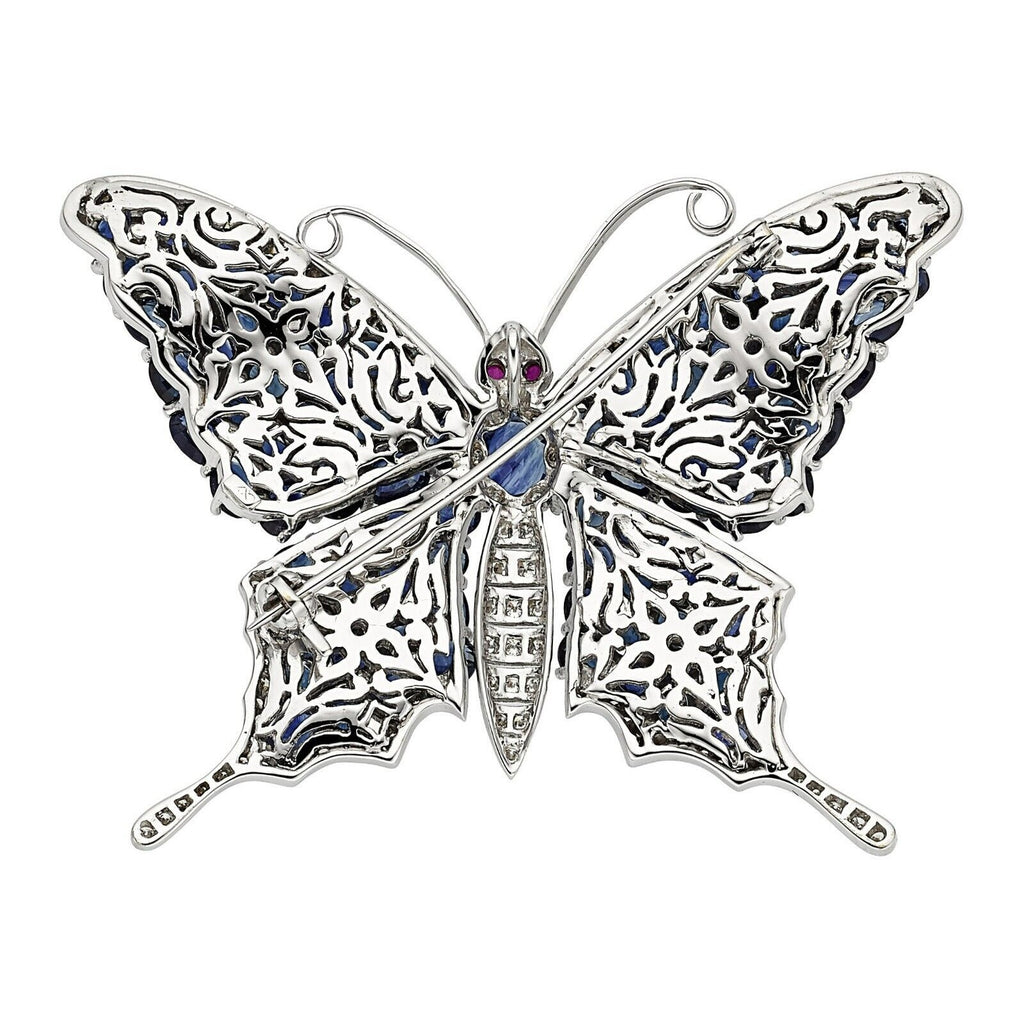 18k White Gold 10.30ct Sapphire 1.15ct Diamond and Ruby Butterfly Pendant-Brooch