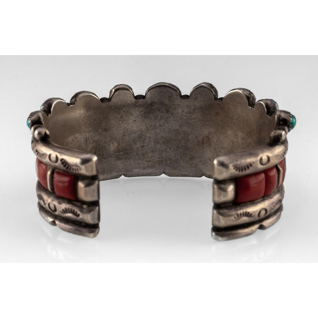 Navajo Ingot Silver Antique Cuff Bracelet w/ Coral, Jet, & Turquoise Inlay 120 g