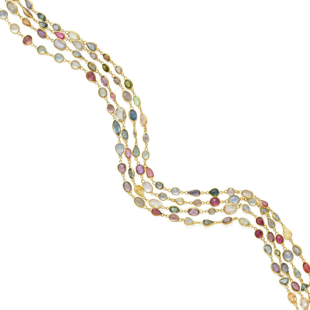 18k Yellow Gold Appx 120 ct Multi-Color Sapphire Link Necklace 76" Gorgeous!