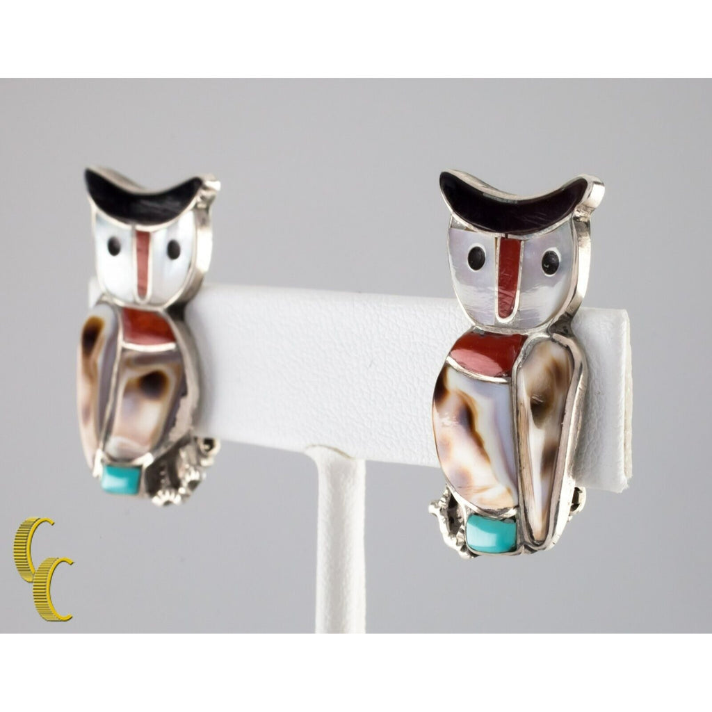 Sterling Silver Lapidary Inlay Owl Clip-On Earrings Mother of Pearl Abalone