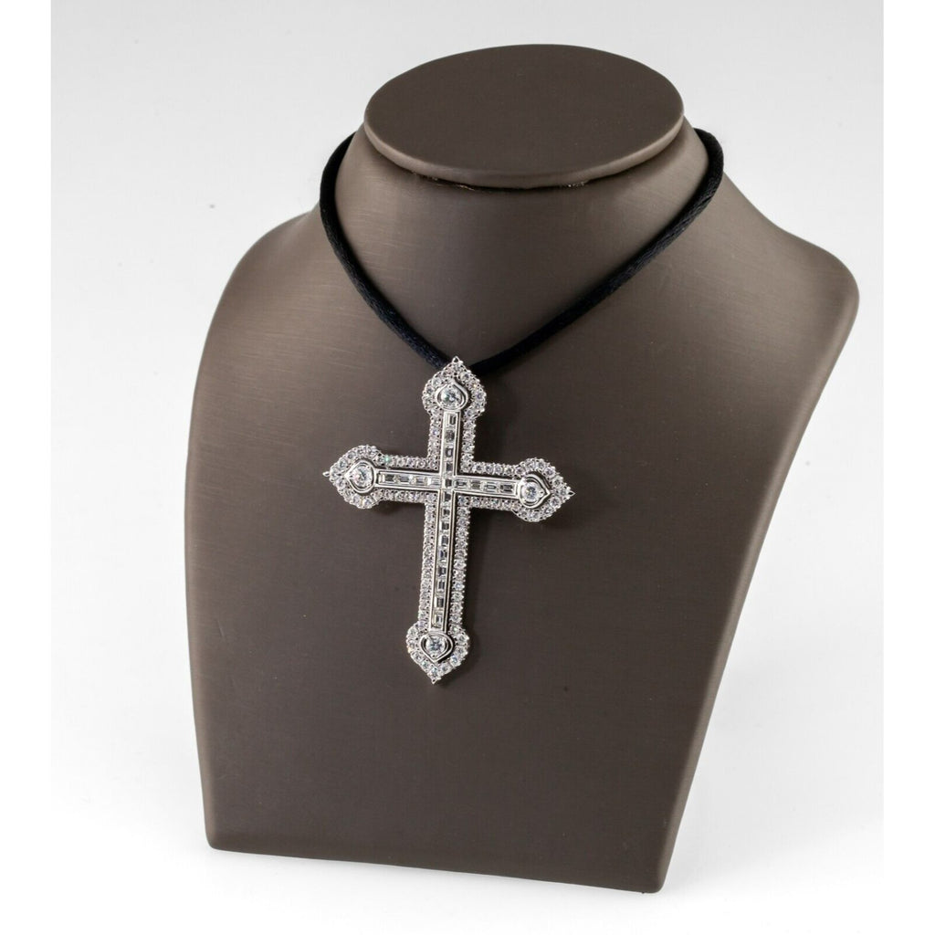 18k White Gold 3 Carat Diamond Cross Pendant on Black Silk Cord