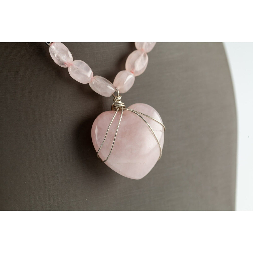 Sterling Silver Wire Rose Quartz Bead Necklace with Heart Pendant