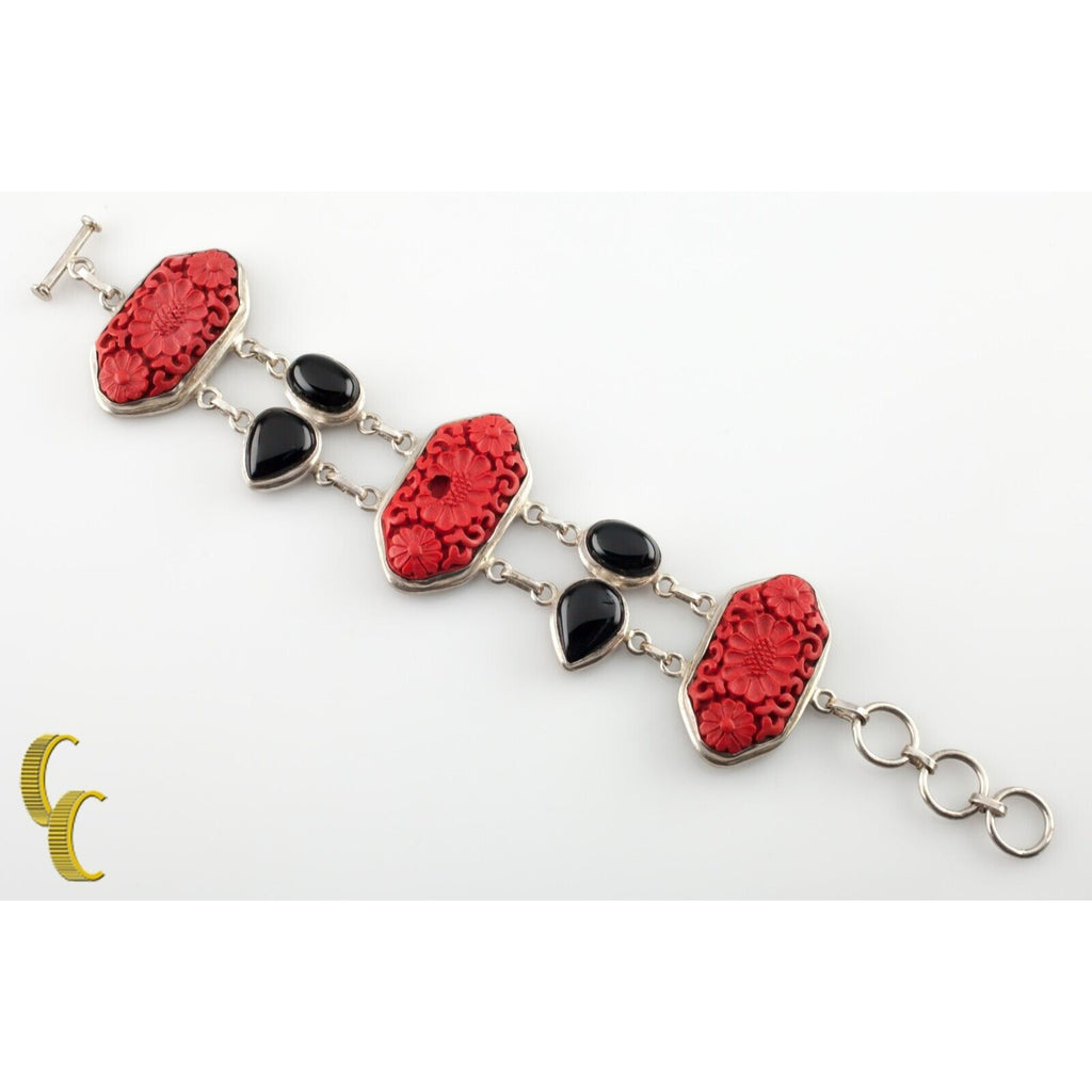 Gorgeous Sterling Silver Cinnabar and Onyx Toggle Bracelet