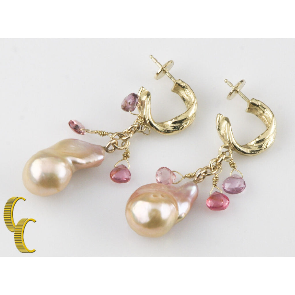 Baroque Pink Pearl and Briolette Gemstone 14k Yellow Gold Dangle Earrings