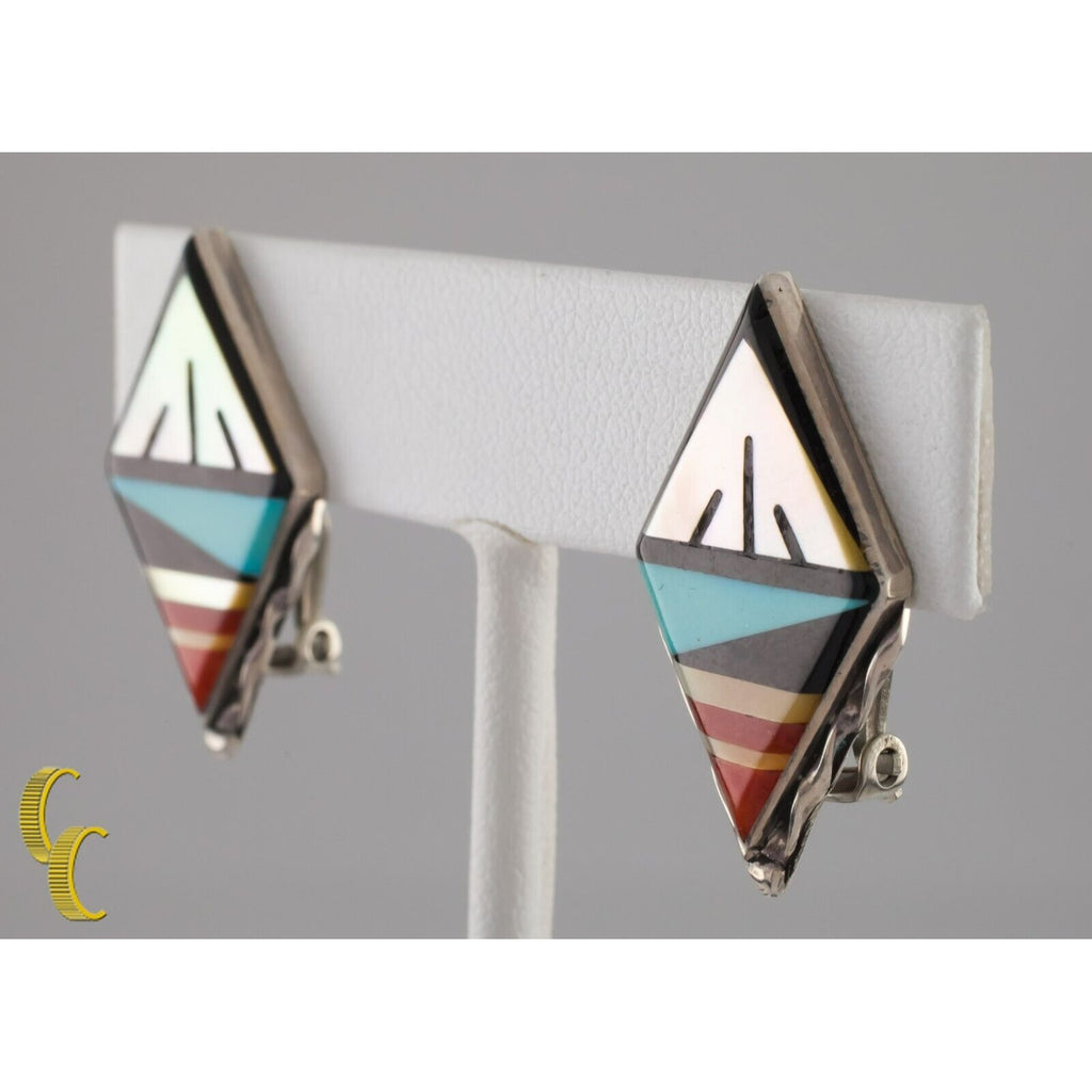 Sterling Silver Lapidary Inlay Diamond Shaped Clip-on Earrings