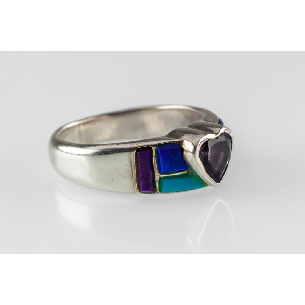 Handmade Turquoise, Purple Spiny, Lapis & Heart Amethyst Sterling Ring SZ 6.25