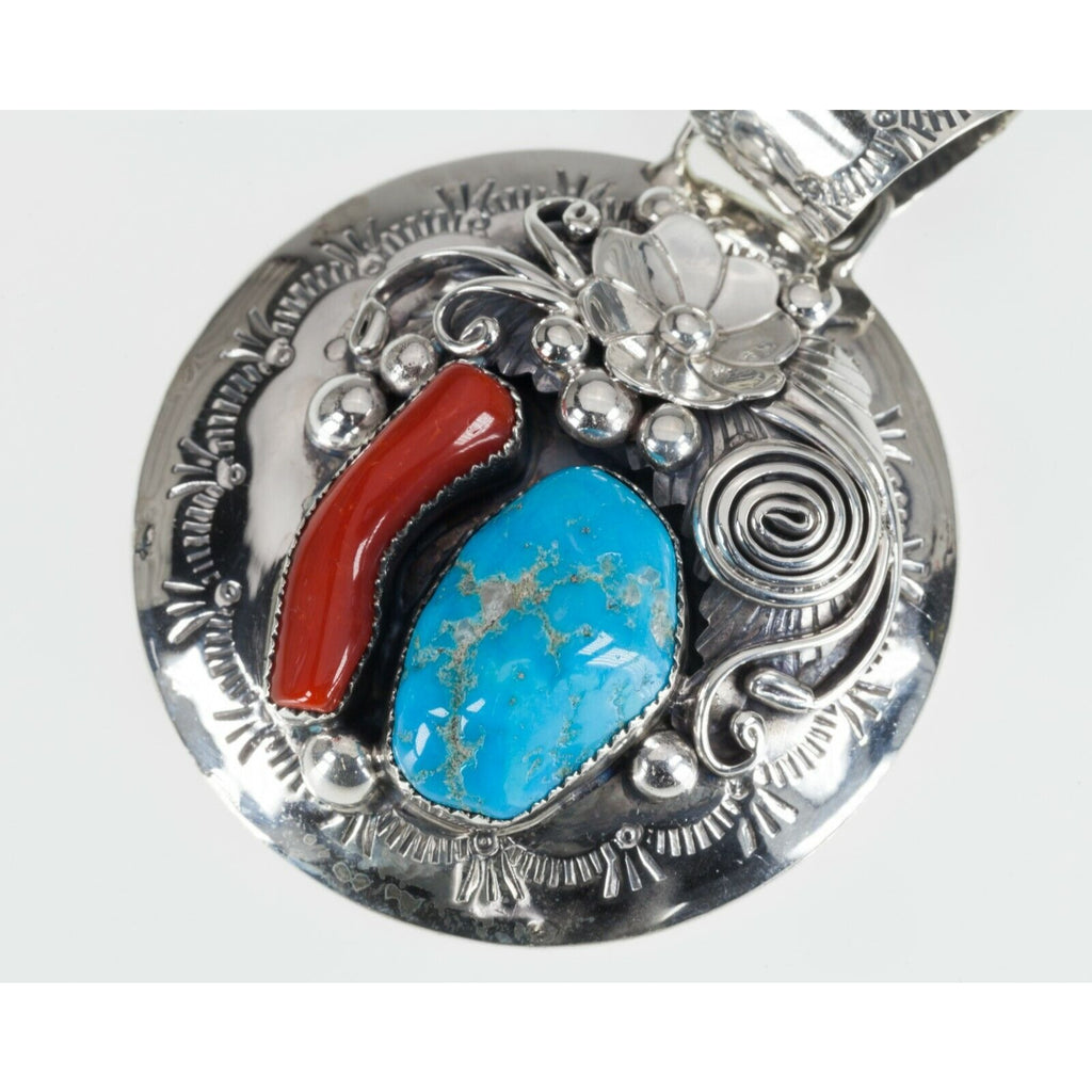Leo Nez Navajo Turquoise & Red Coral Sterling Silver Round Pendant 36.3gr