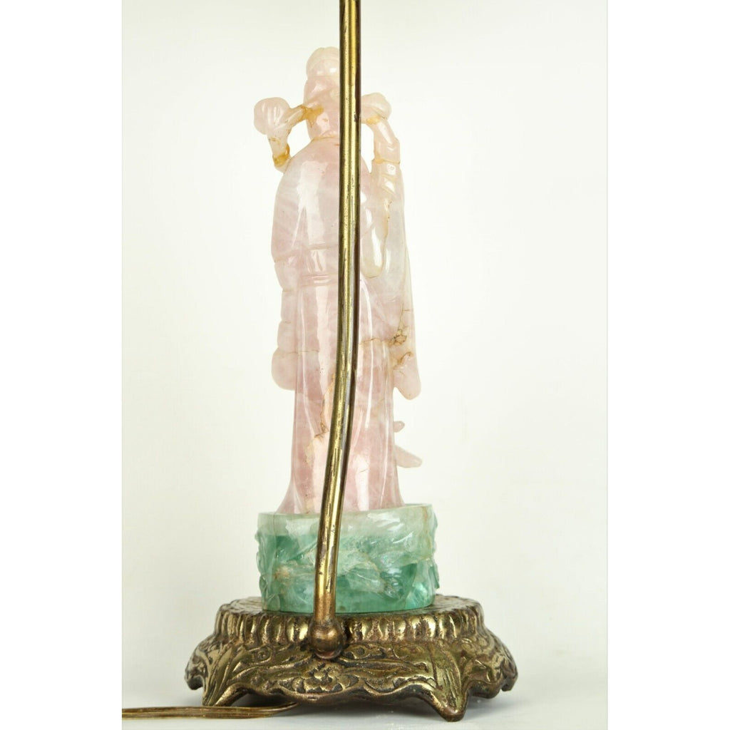 Guanyin Table Lamp 20th Century Chinese Carved Rose Quartz and Green Fluorite