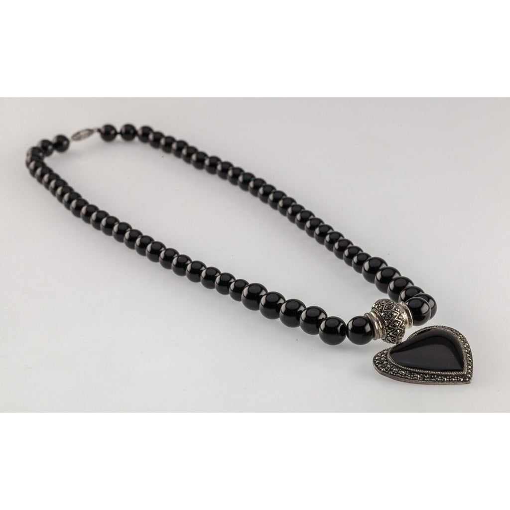 Sterling Silver Onyx Bead Marcasite Heart Pendant 21"