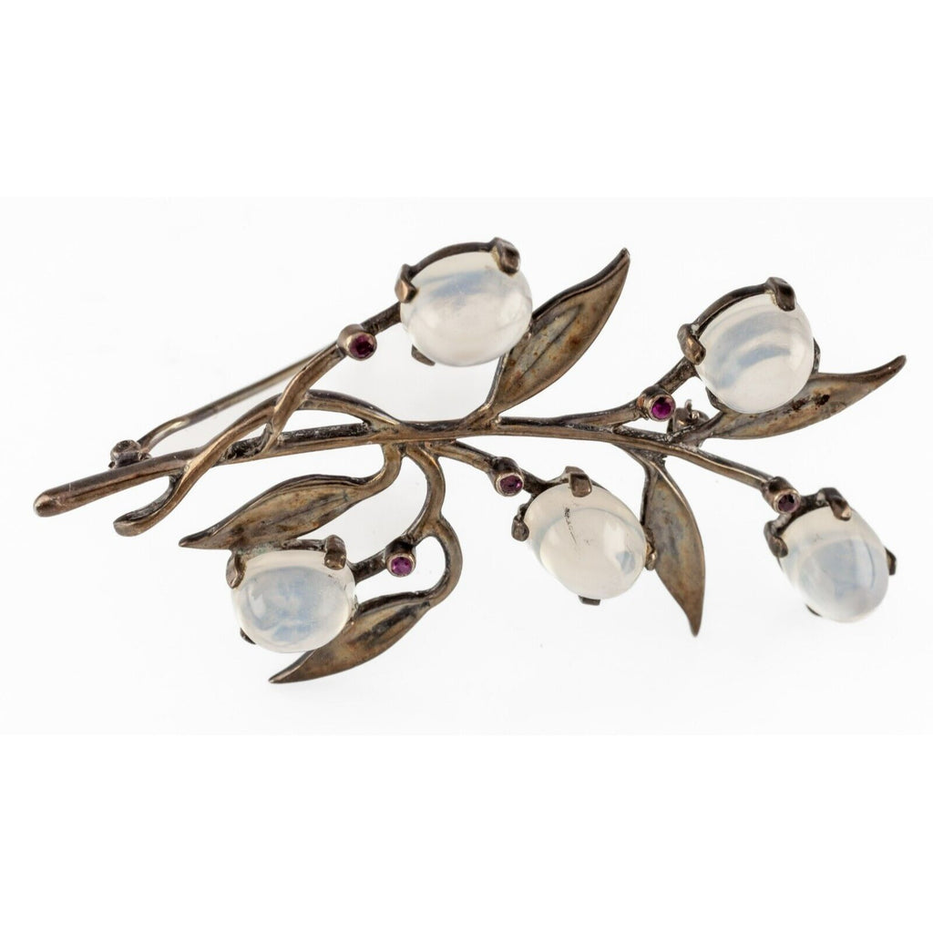 Walter Lampl Ruby & Moonstone Olive Branch Brooch in Sterling Silver 68mm Long