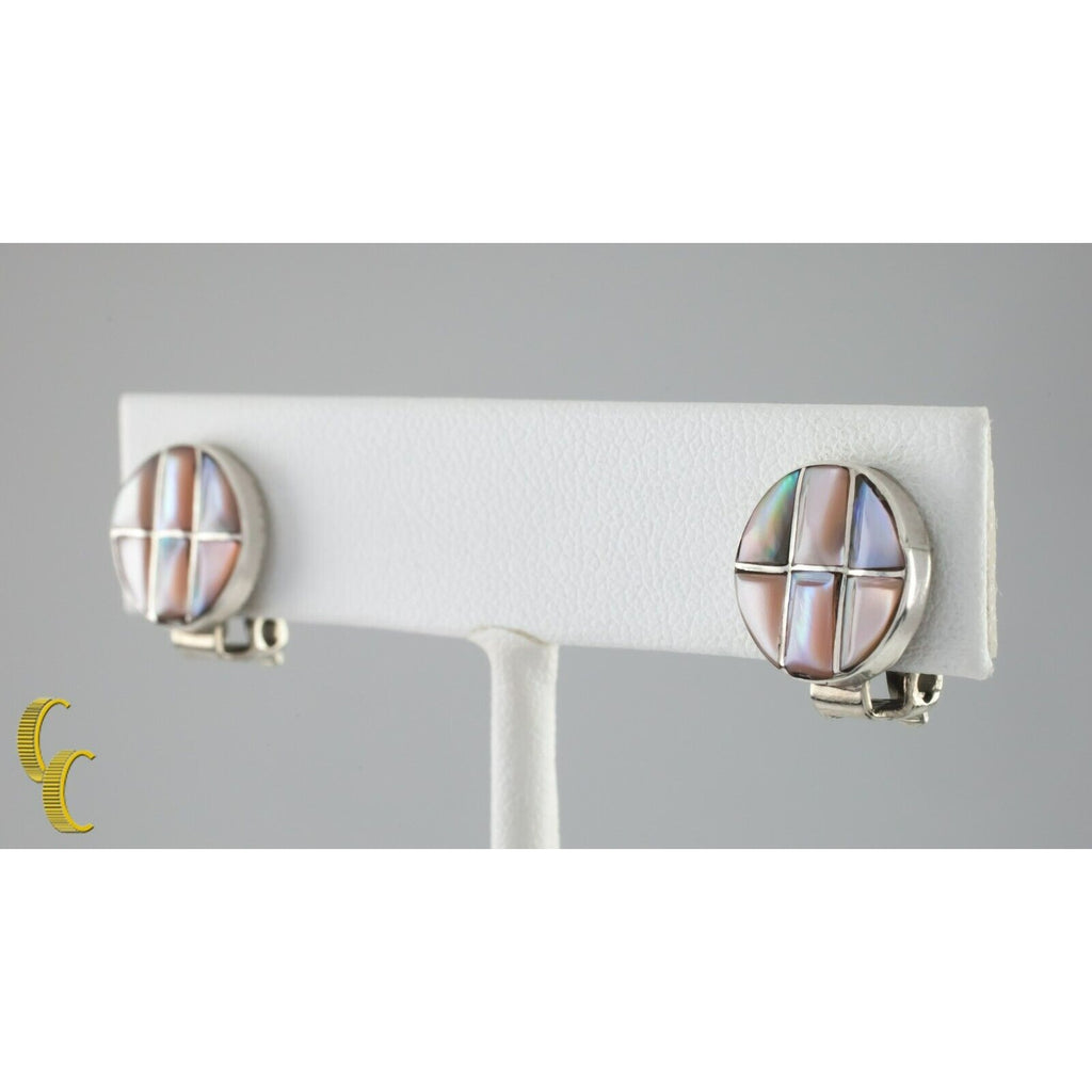 Gorgeous Mother-of-Pearl Mosaic Disc Huggie Clip-On Earrings in Sterling Silver