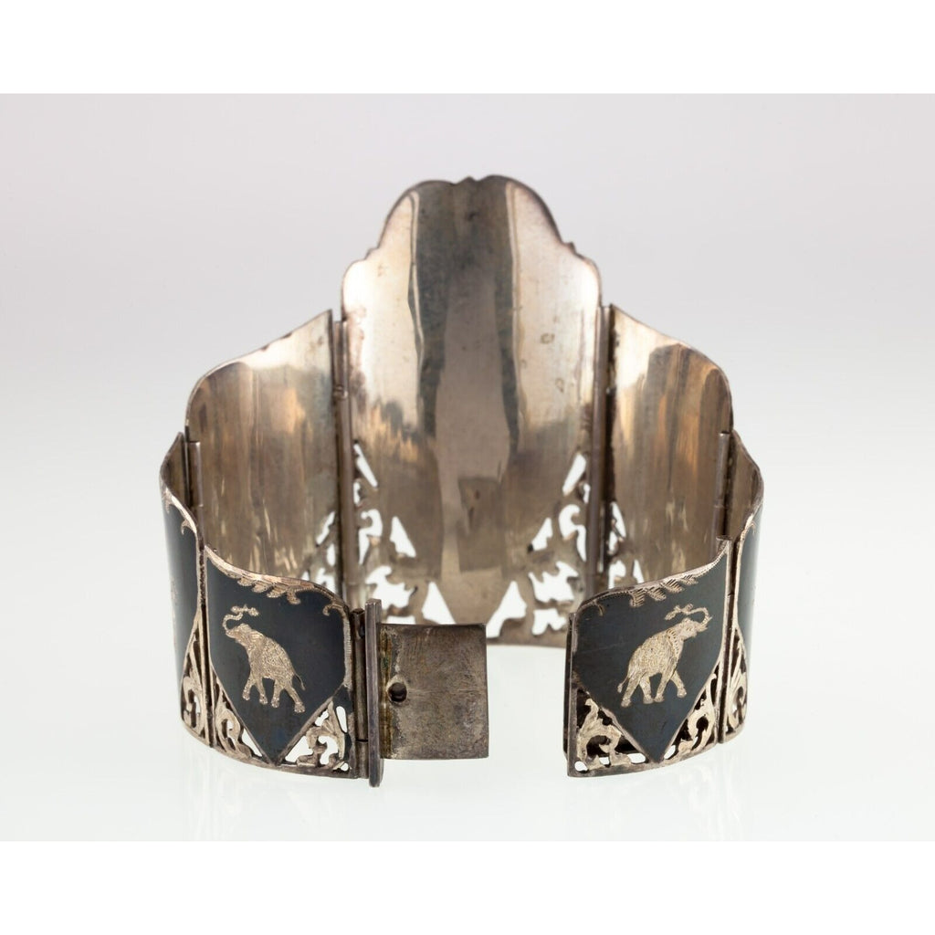 Vintage Thai Silver Siam Niello Enamel gradual tapered Panel Bracelet 7"