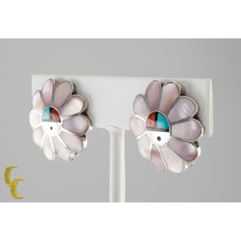 Sterling Silver Mother-of-Pearl Lapidary Inlay Flower Clip-On Earrings