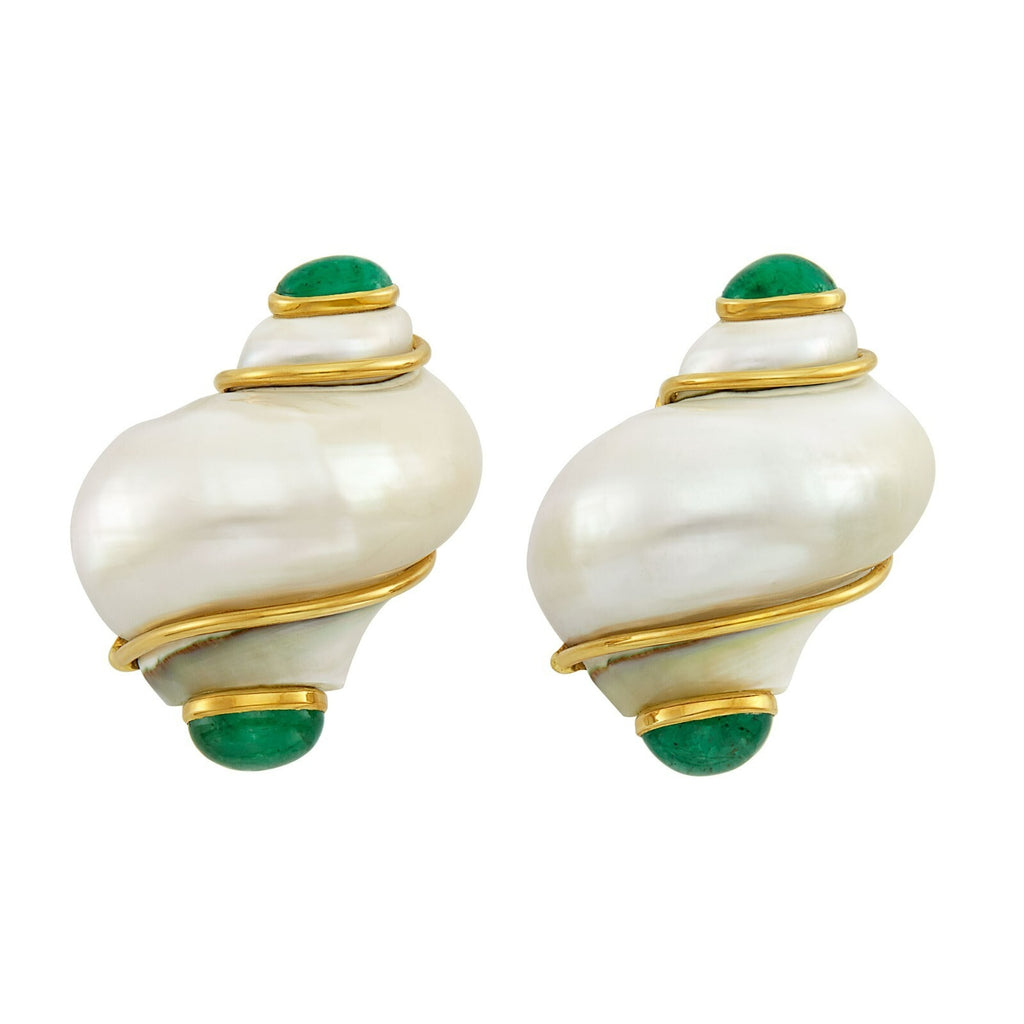Seaman Schepps Pair of 18k Gold Turbo Shell and Cabochon Emerald Ear Clips