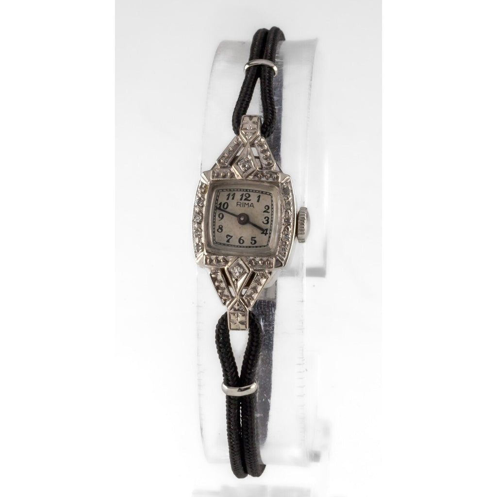 Rima 14k White Gold Diamond Vintage Ladies Dress Watch w/ Cord Band