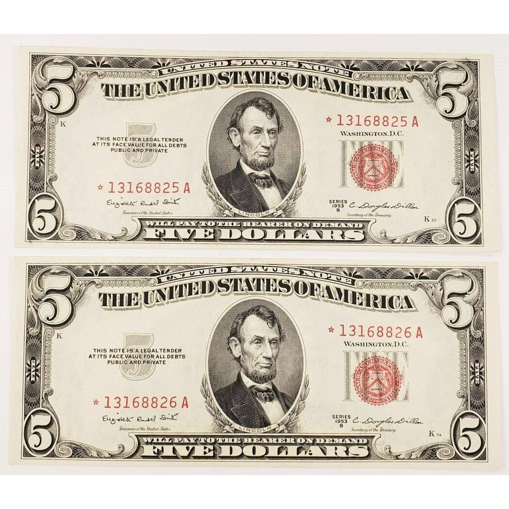 Lot of 2 Consecutive 1953-B $5 United States Star Notes Choice UNC FR #1534*