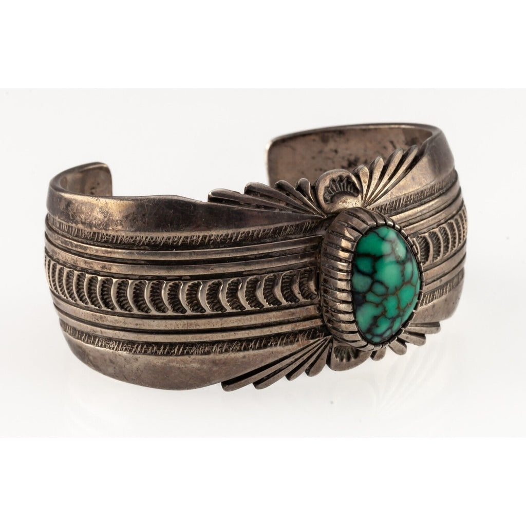 Navajo Turquoise Sunrise Stamped Sterling Silver Cuff Bracelet by R. Taylor