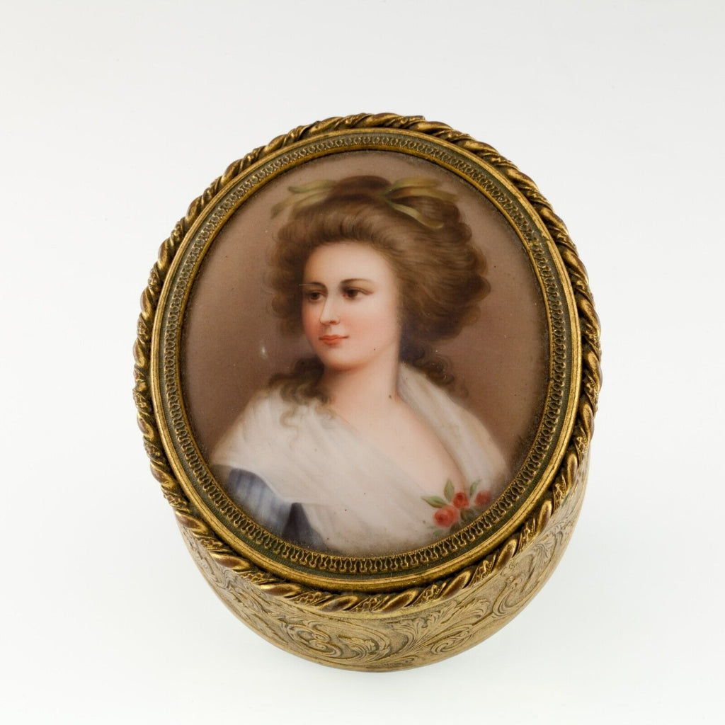 Victorian Ormolu Hand-Painted Porcelain Portrait Trinket Box Gorgeous!