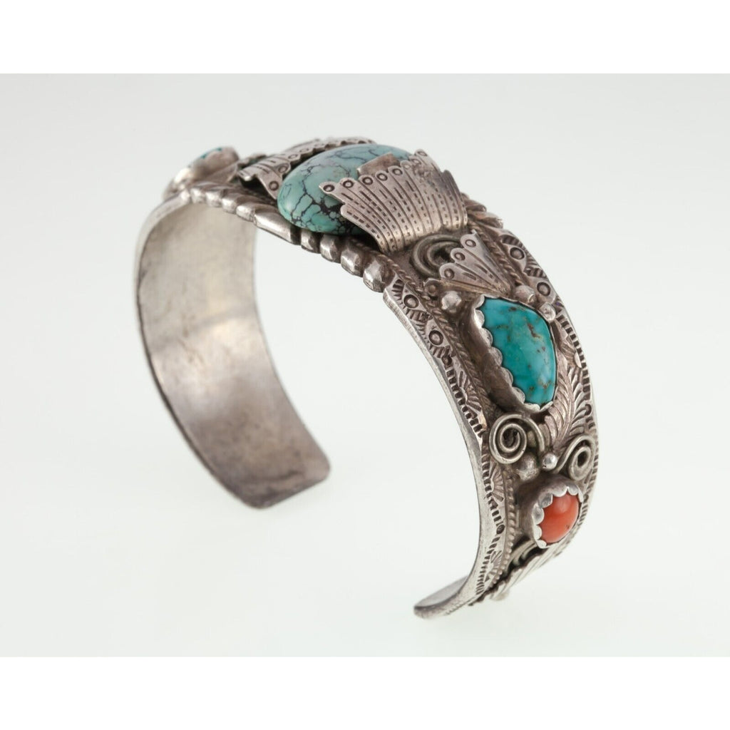 Vintage Kenny Jack Navajo Turquoise & Coral Sterling Silver Cuff Bracelet 45.2g