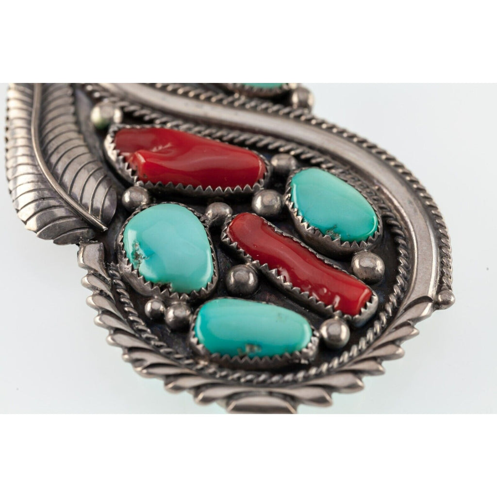 Rare! Navajo Sterling Turquoise & Coral Double-sided pendant 93 mm Long