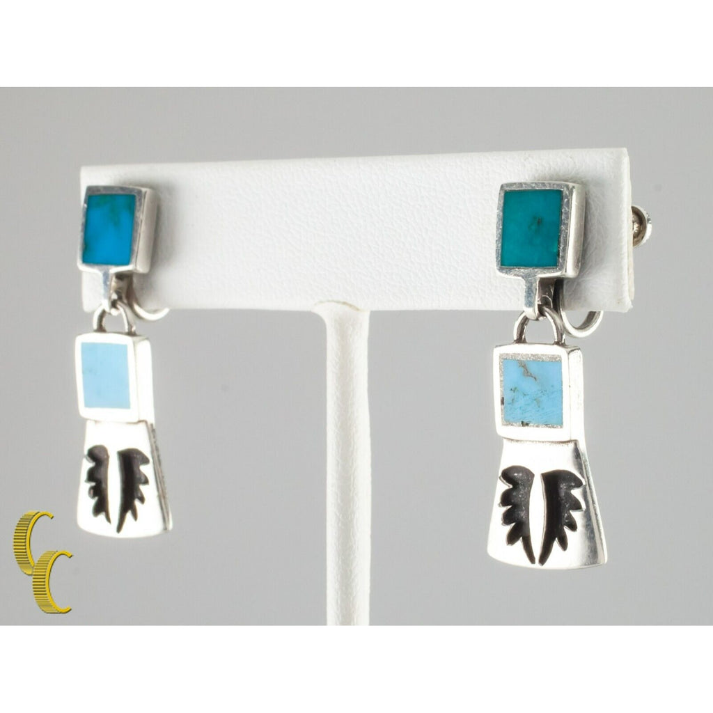 Sterling Silver Turquoise Inlay Dangle Earrings with Screwbacks Wingspan