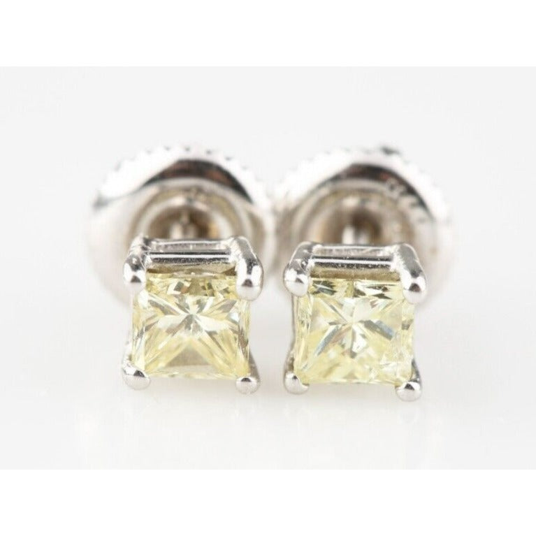 14k White Gold Princess Diamond Solitaire Earrings TCW = 0.64 Ct